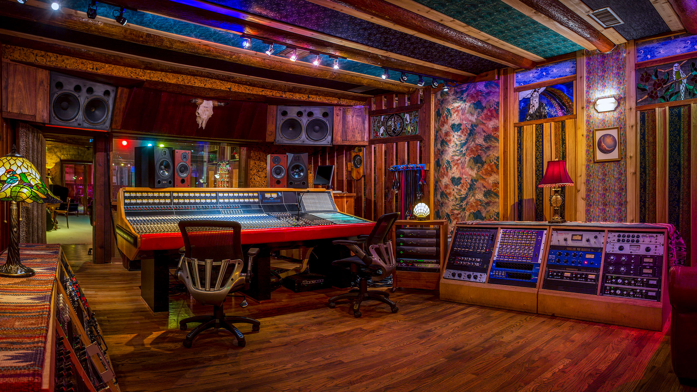 Studio A Control Room looking into the API Legacy Plus console from the left back